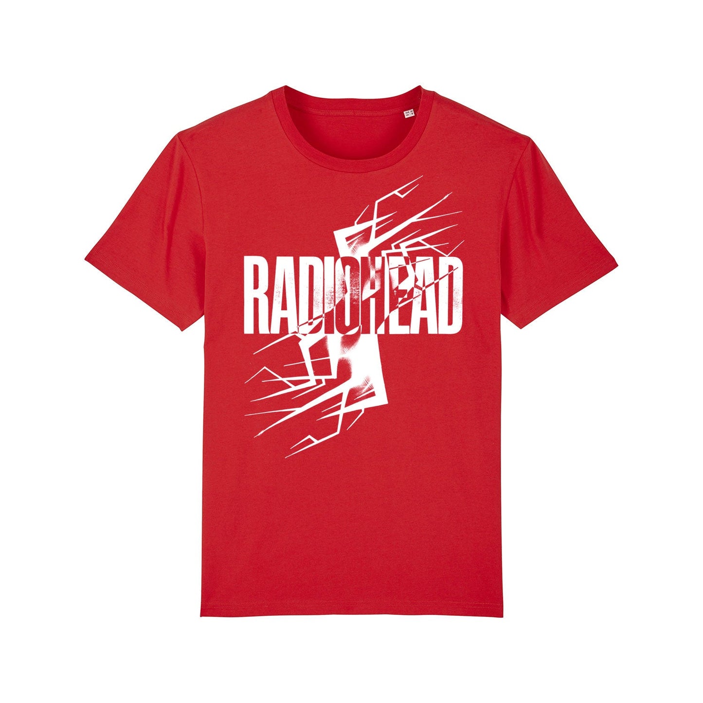 Red t-shirt with a Radiohead band logo design in white.