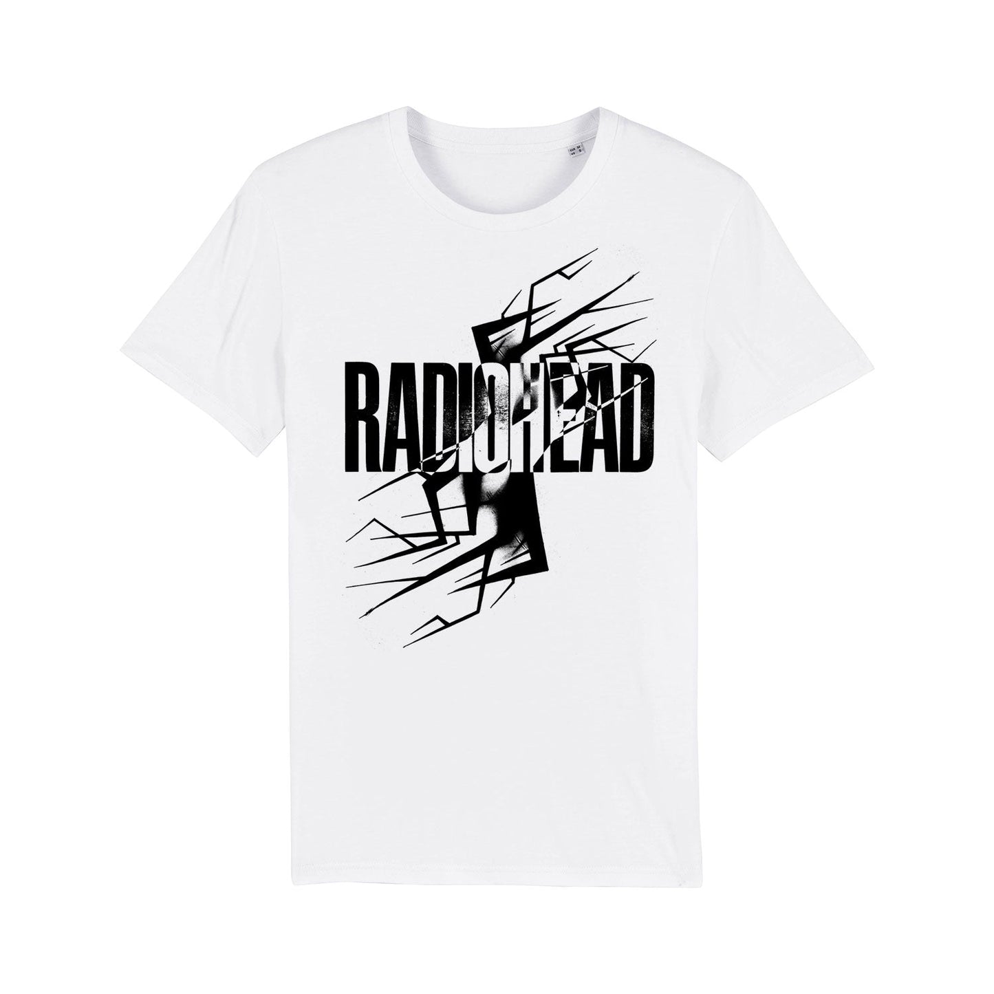 White t-shirt with a Radiohead logo and abstract black design.