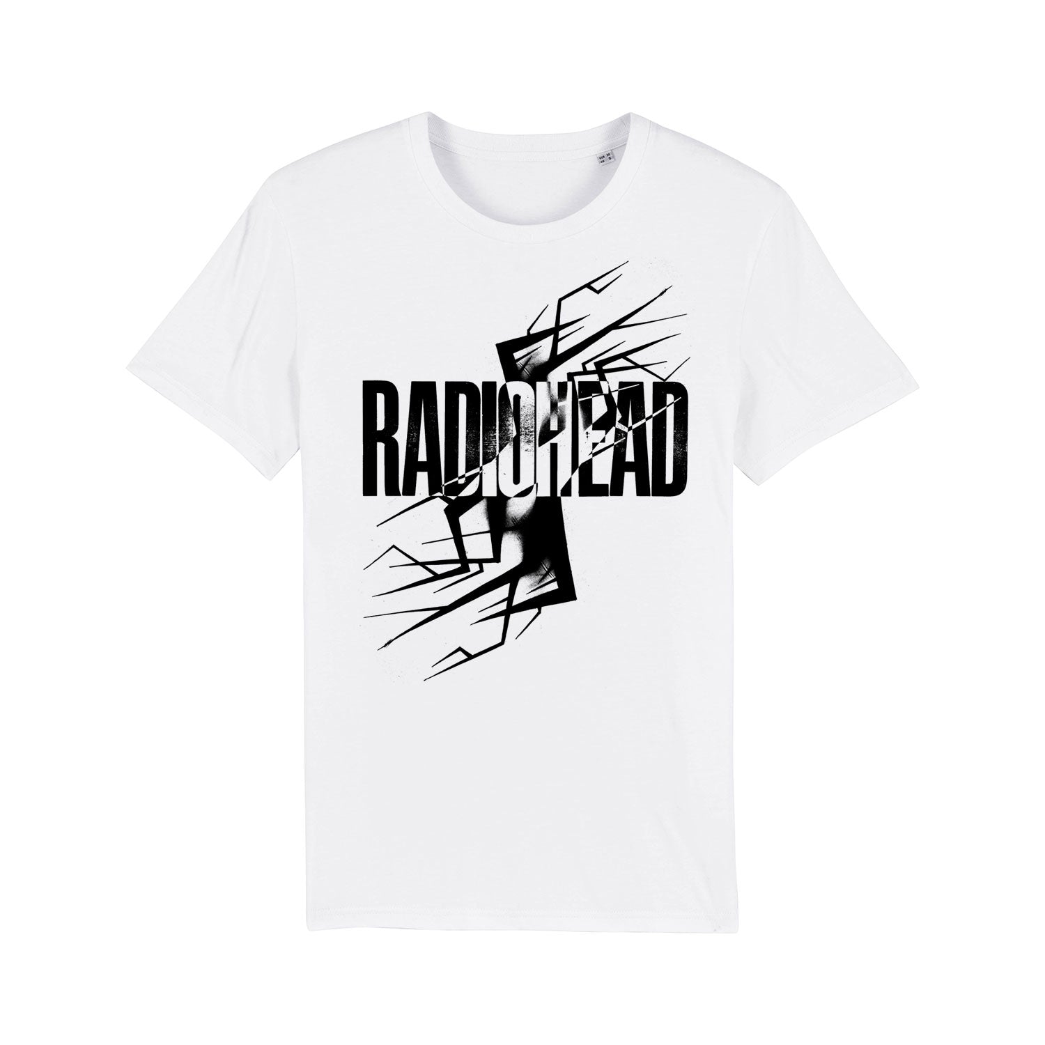 White t-shirt with a Radiohead logo and abstract black design.
