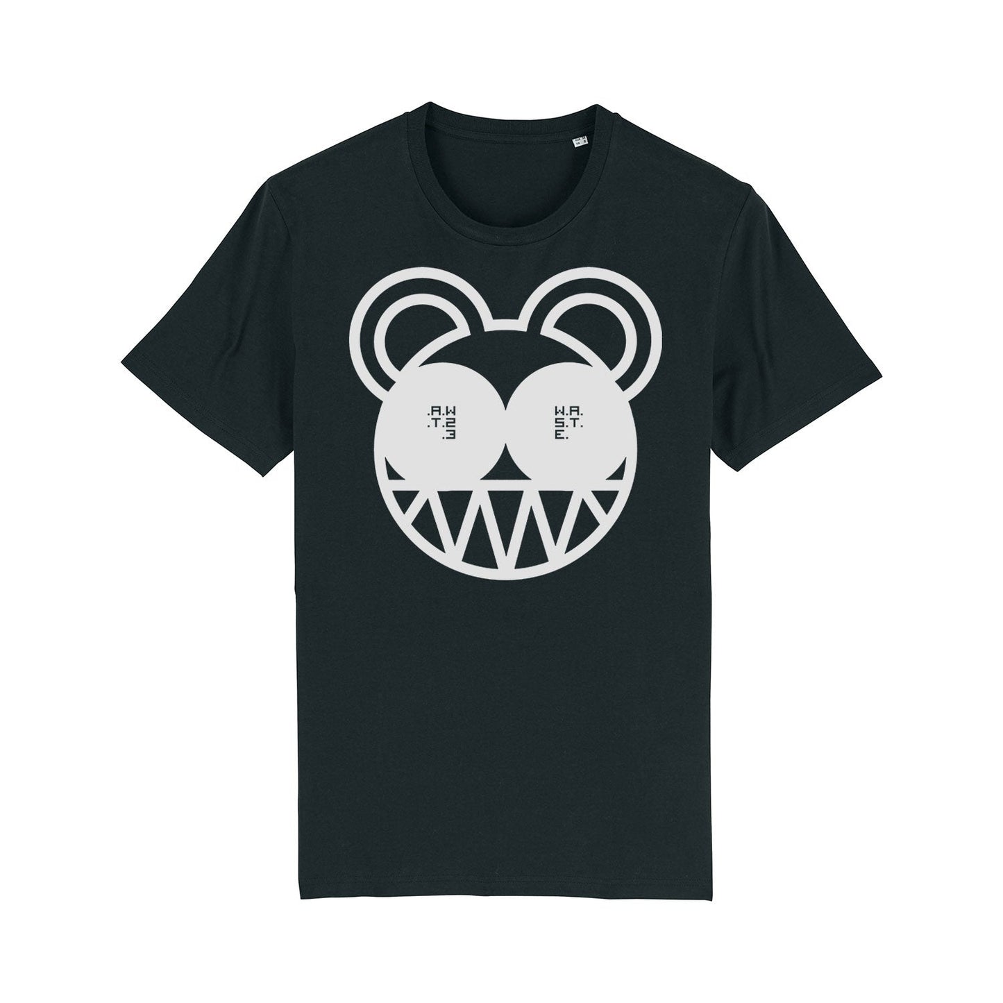 Black t-shirt with a white cartoon face design featuring round eyes and triangular teeth.