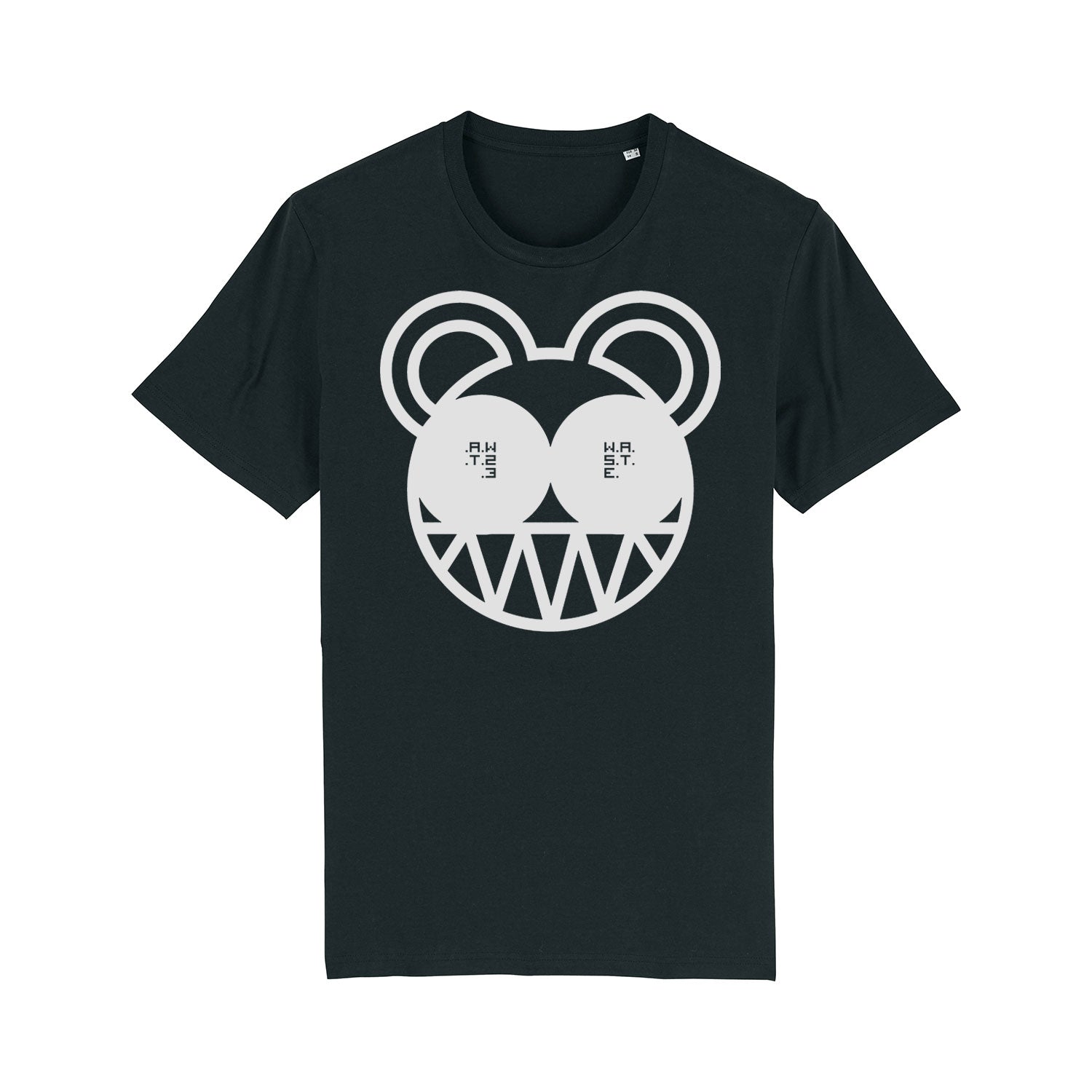 Black t-shirt with a white cartoon face design featuring round eyes and triangular teeth.