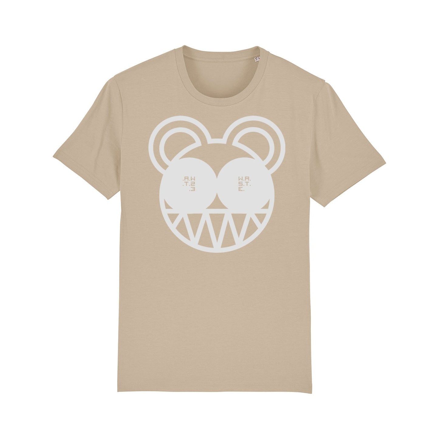 Beige t-shirt with a white cartoon bear face design on the front.