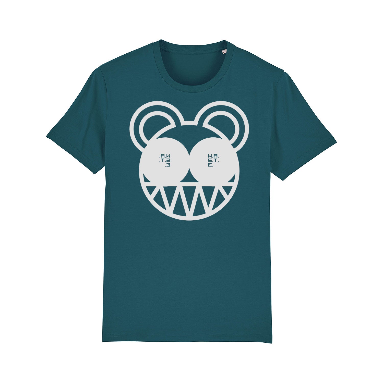 Teal t-shirt with a white cartoon bear face design on the front.