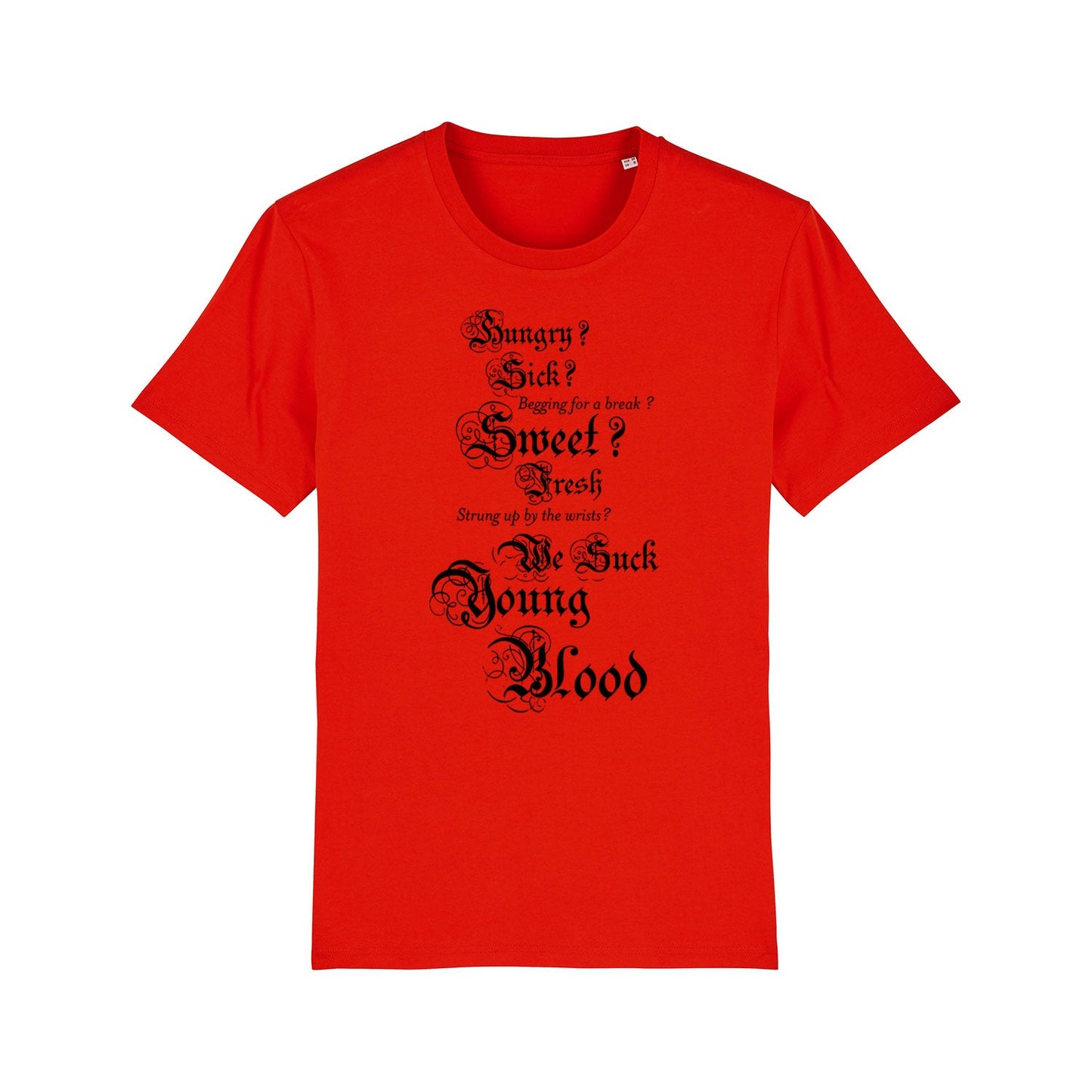 Red t-shirt with black gothic-style text printed on the front.