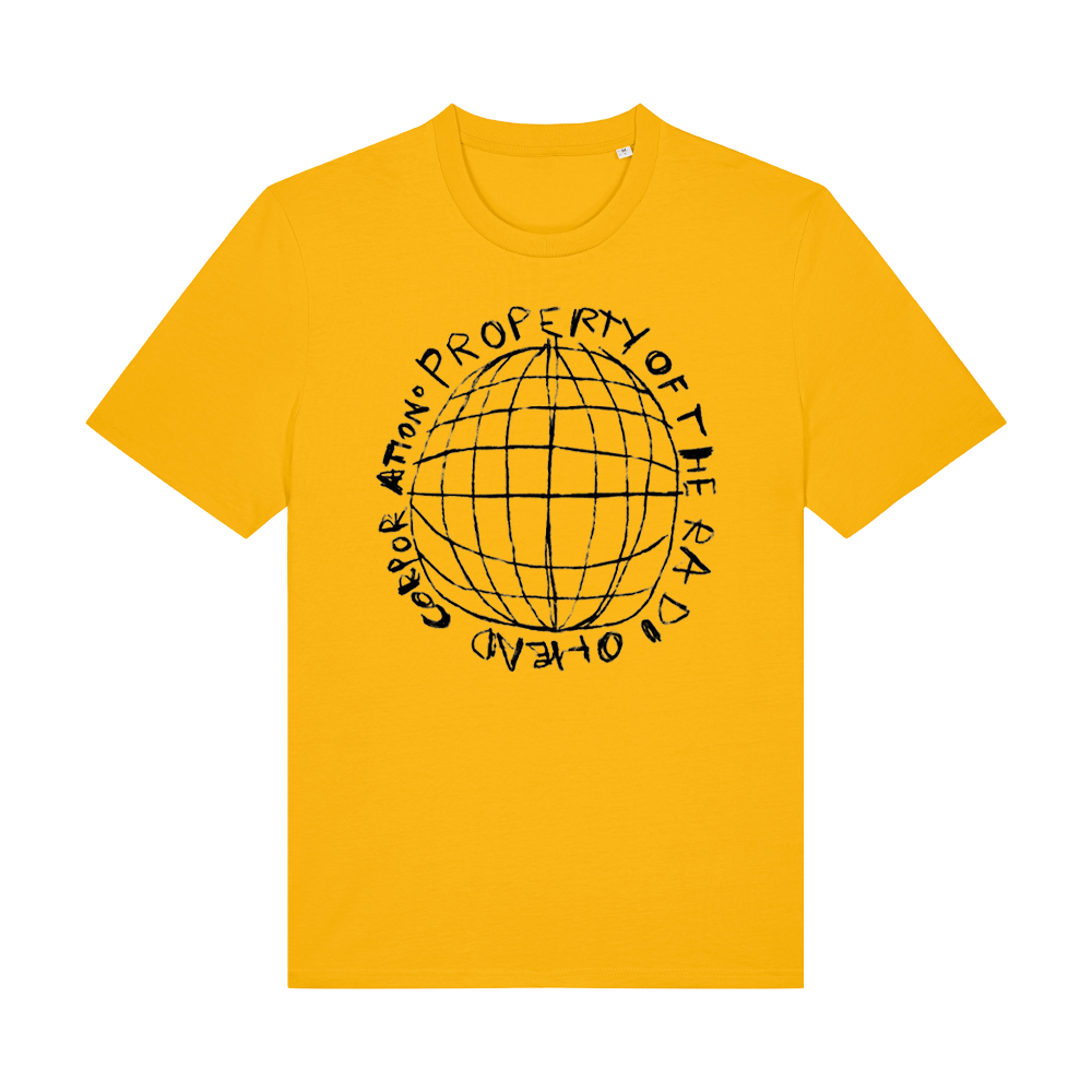 Yellow t-shirt with a black globe design and text printed on the front.