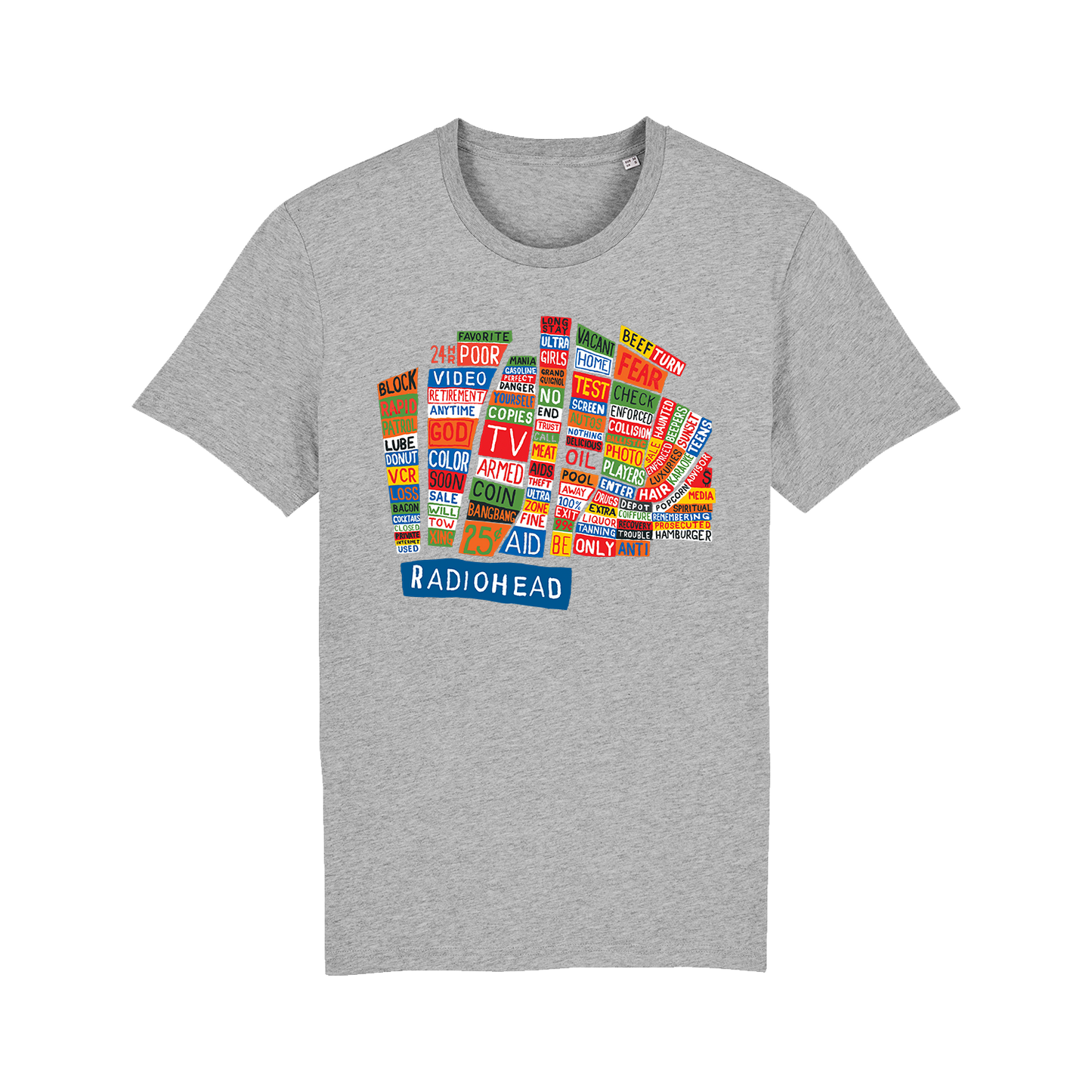 Gray t-shirt featuring a colorful collage of Radiohead song and album titles.