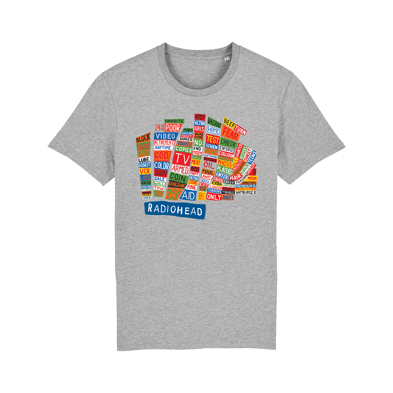 Gray t-shirt featuring a colorful collage of Radiohead song and album titles.