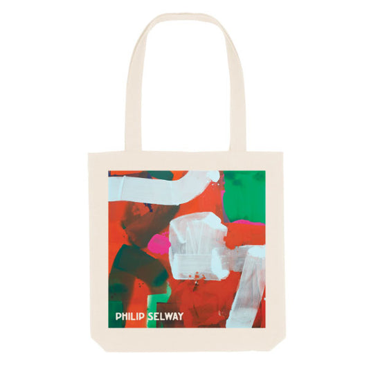 Canvas tote bag featuring colorful abstract artwork and the name ’Philip Selway’.