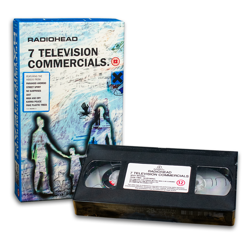 VHS tape and its case for Radiohead’s ’7 Television Commercials’ music video collection.