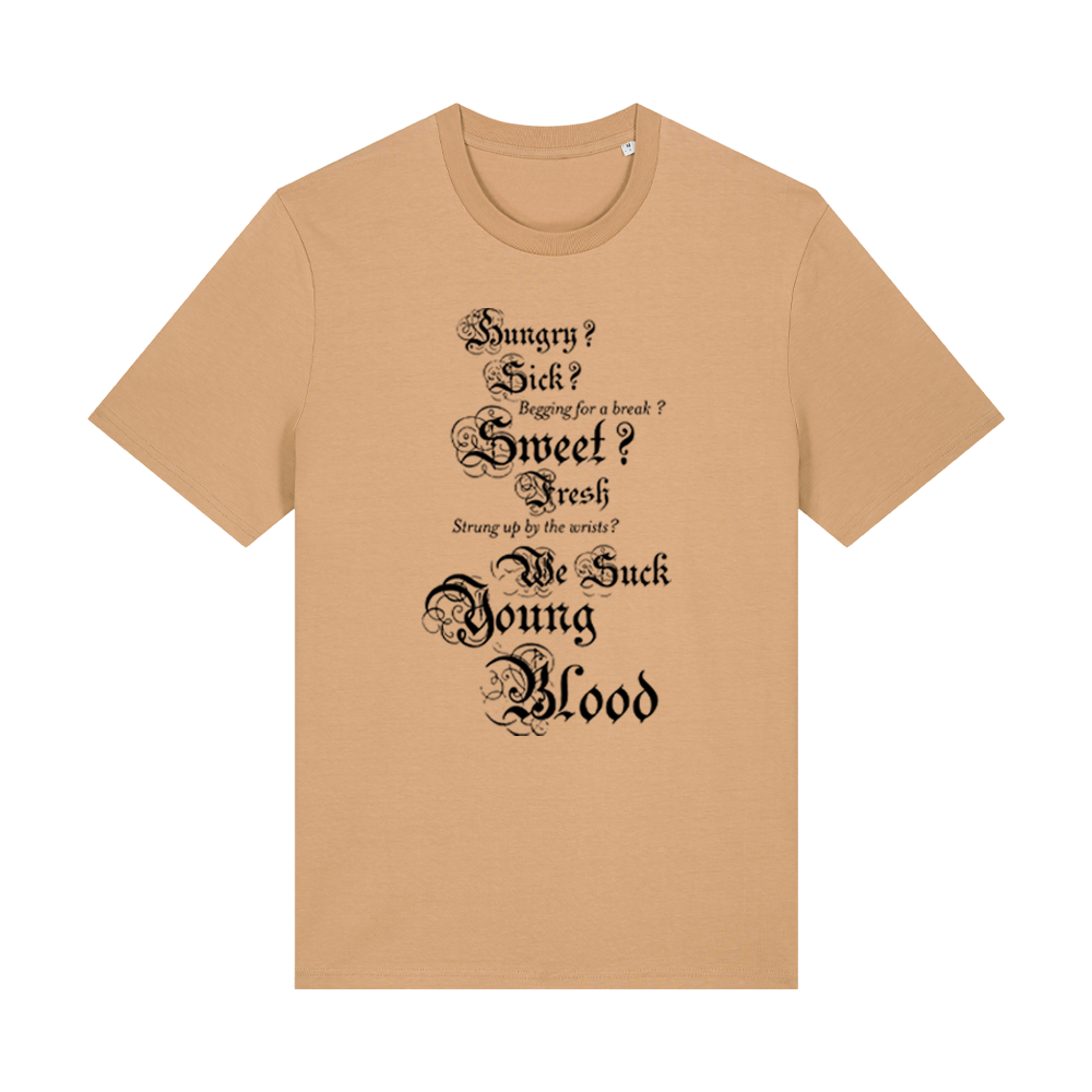 Beige t-shirt with black gothic-style text printed on the front.