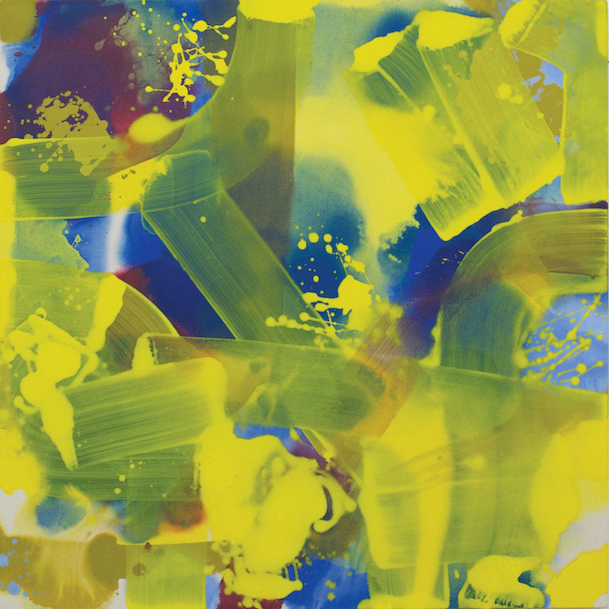 Abstract painting featuring vibrant yellow, green, and blue brushstrokes with splattered accents.