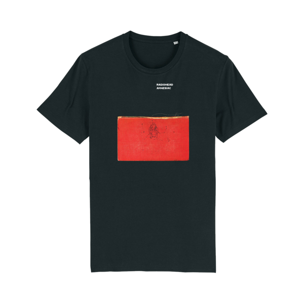 Black t-shirt with a red rectangular graphic on the front.
