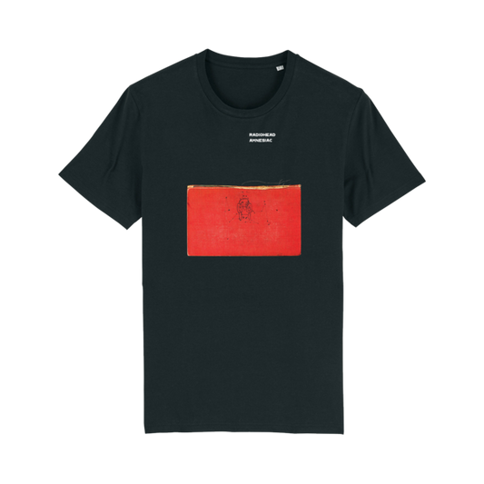 Black t-shirt with a red rectangular graphic on the front.