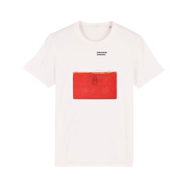 White t-shirt with a red rectangular graphic and small black text above it.