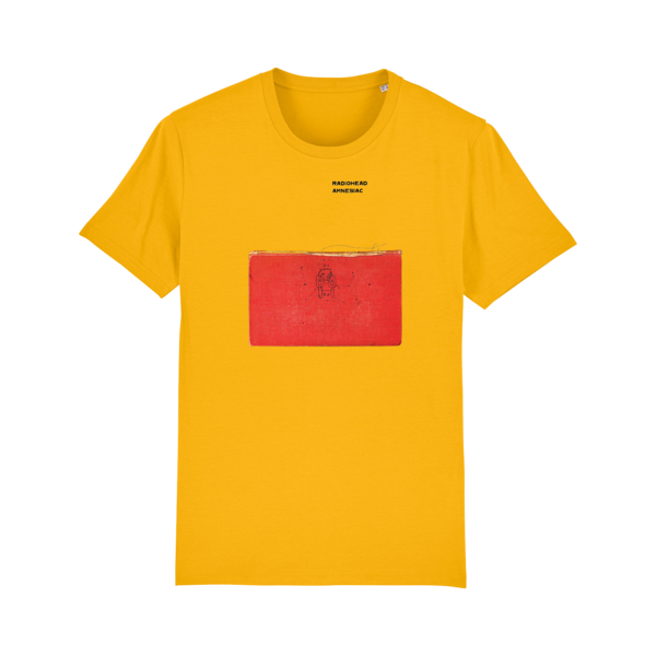 Yellow t-shirt with a red rectangular graphic on the front.