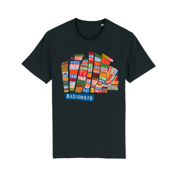 Black t-shirt featuring a colorful graphic design with the word ’Radiohead’ prominently displayed.