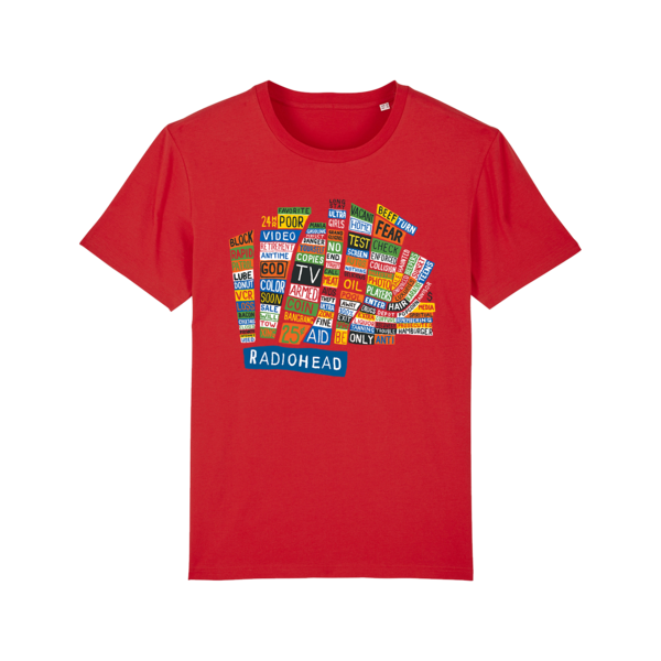 Red t-shirt featuring a colorful collage of Radiohead album and song titles.