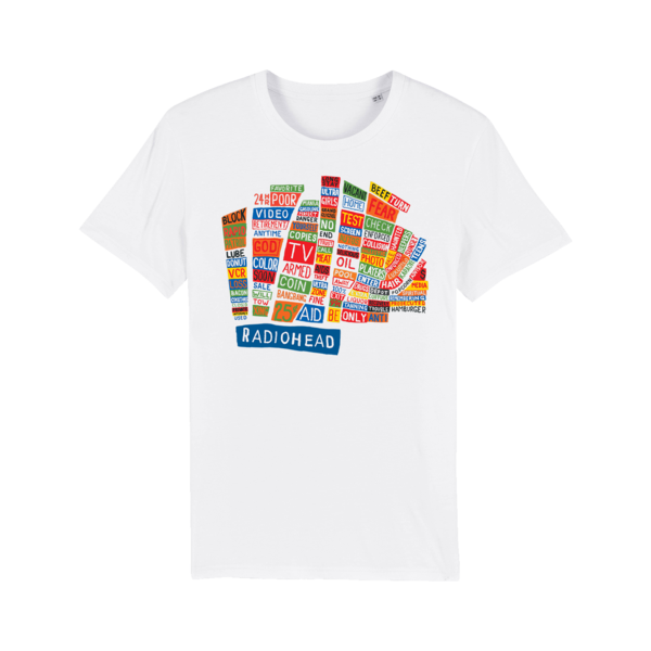White t-shirt featuring a colorful graphic design with the word ’Radiohead’ prominently displayed.