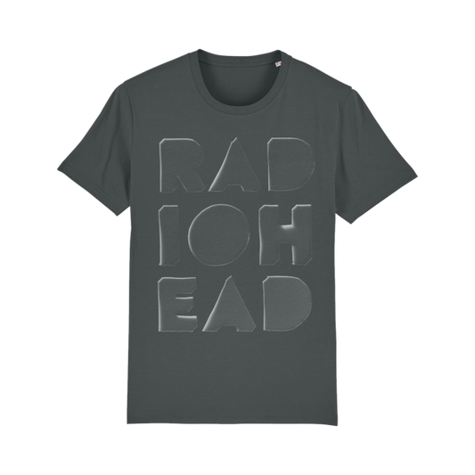 Dark gray t-shirt with ’RADIOHEAD’ printed in a stylized font on the front.