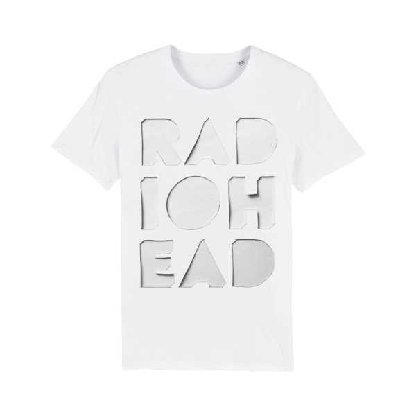 White t-shirt with ’RADIOHEAD’ text printed in a stylized, geometric font.
