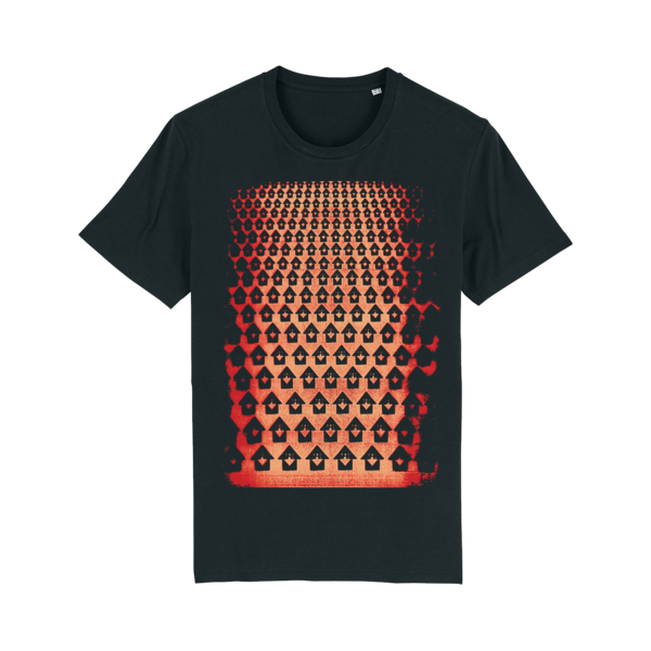 Black t-shirt with a red and orange geometric pattern on the front.