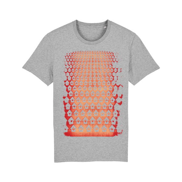 Gray t-shirt with an abstract red and orange geometric pattern on the front.