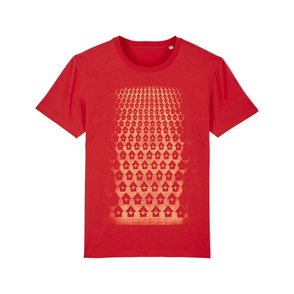Red t-shirt with a repeating pattern of yellow birdhouses fading into the distance.