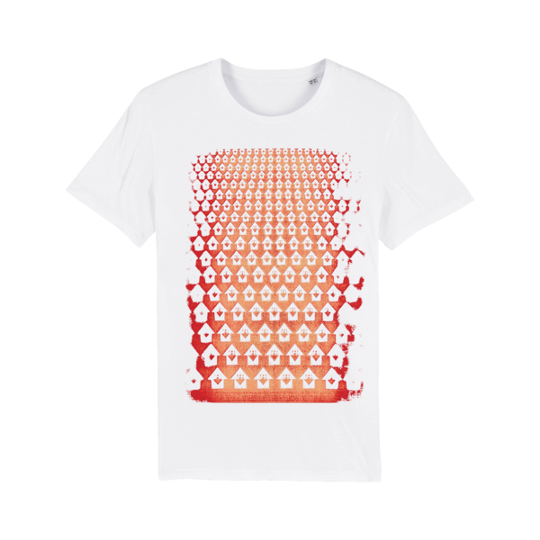 White t-shirt with a red and orange gradient pattern of repeating flame-like shapes.