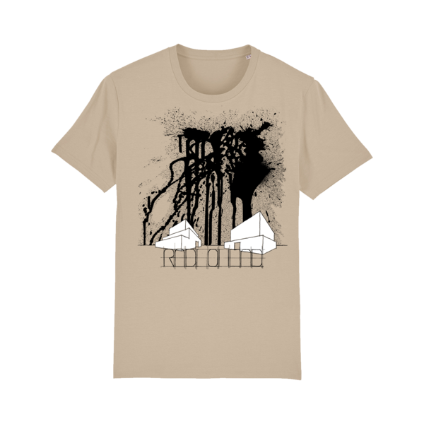 Beige t-shirt with a black splatter design and white geometric shapes.