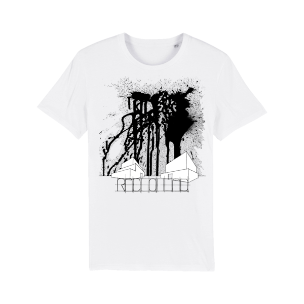 White t-shirt with a black ink splatter design and the word ’ROOTH’ printed below.