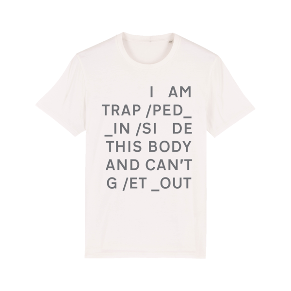 White t-shirt with gray text printed on the front.