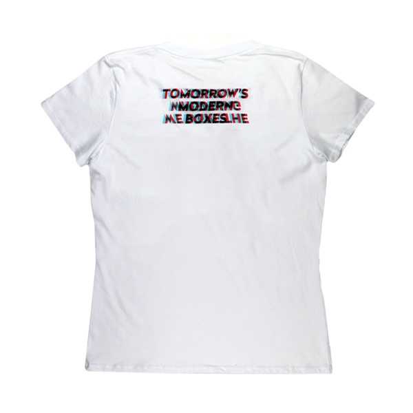 White t-shirt with text printed on the back in a glitchy, multi-colored style.