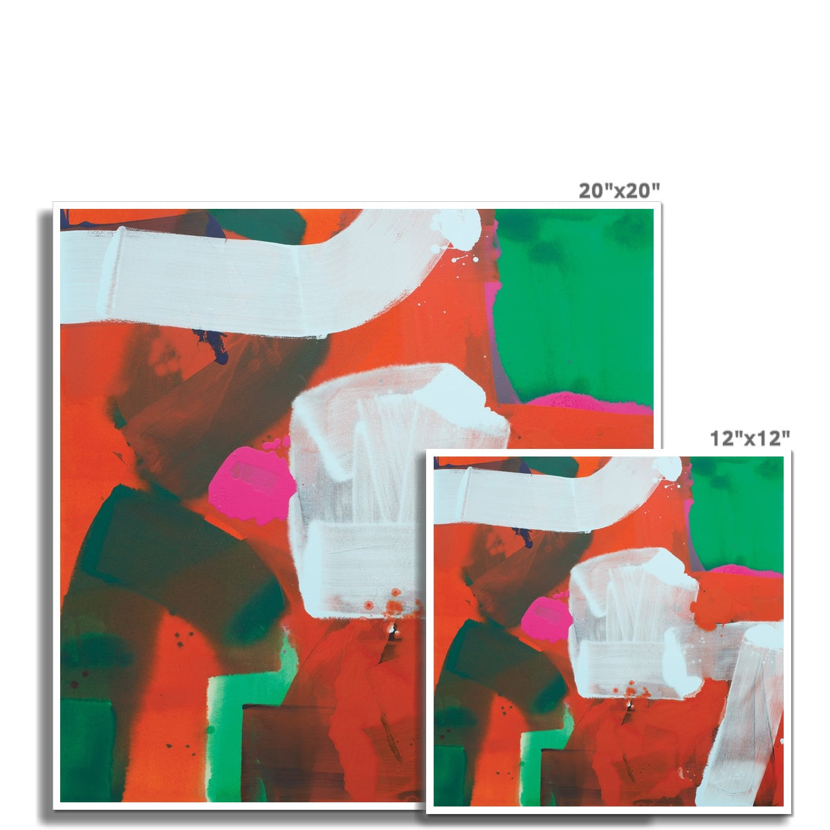 Abstract painting featuring bold, overlapping shapes in vibrant red, green, and white colors.
