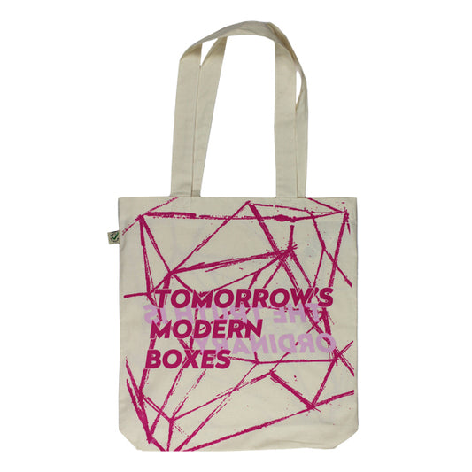 Canvas tote bag with pink geometric design and text ’TOMORROW’S MODERN BOXES’.