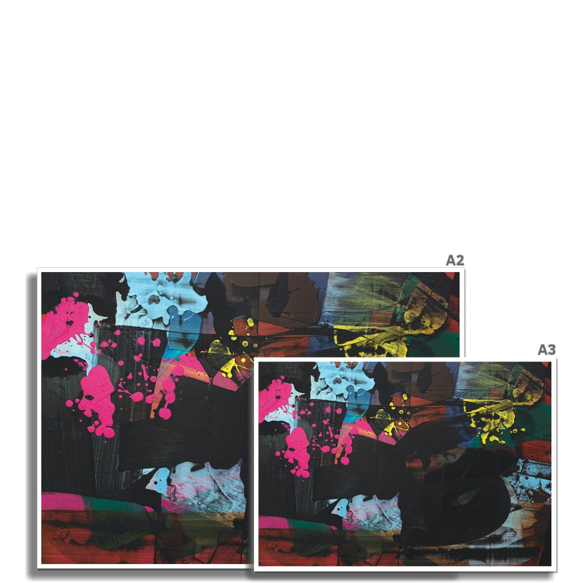Abstract painting with vibrant splashes of pink, blue, and yellow on a dark background.
