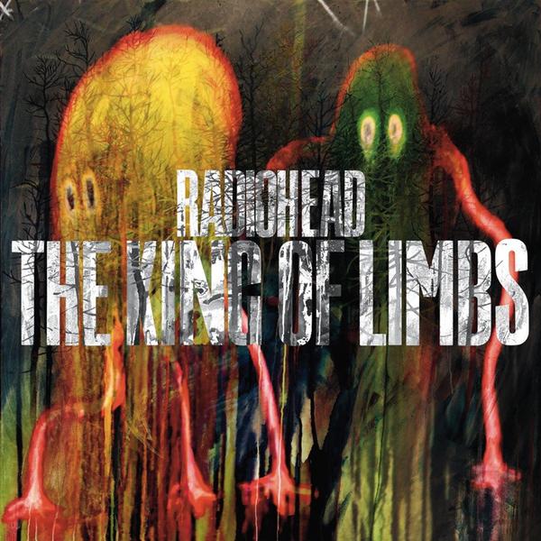 Album cover for Radiohead’s ’The King of Limbs’ featuring abstract, colorful blob-like figures with glowing eyes against a dark background.