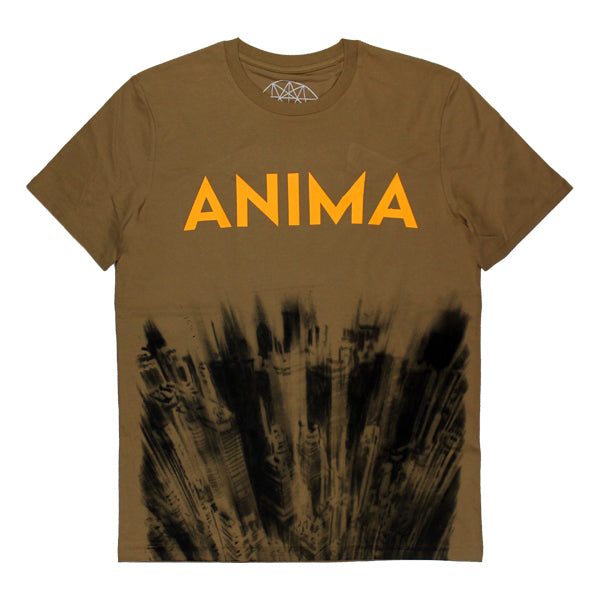 Brown t-shirt with ’ANIMA’ printed in orange and a black abstract design on the lower half.