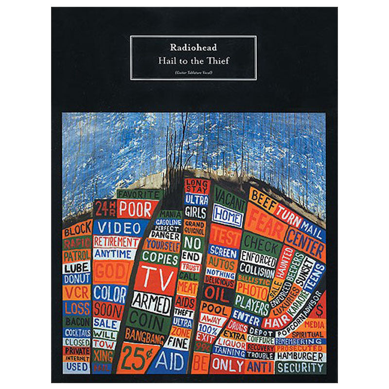 Album cover for Radiohead’s ’Hail to the Thief’ featuring a colorful, text-filled abstract design.