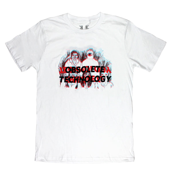 White t-shirt with ’Obsolete Technology’ text and glitchy graphic design printed on the front.