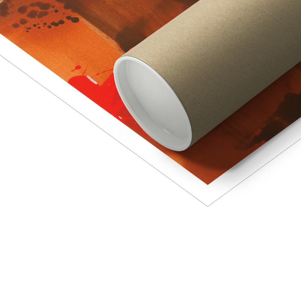 Partially rolled white paper or canvas revealing a colorful orange and red print underneath.