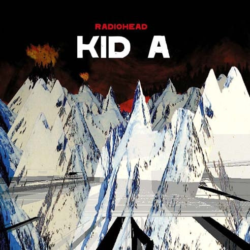 Album cover for Radiohead’s ’Kid A’ featuring stylized, jagged mountain peaks.