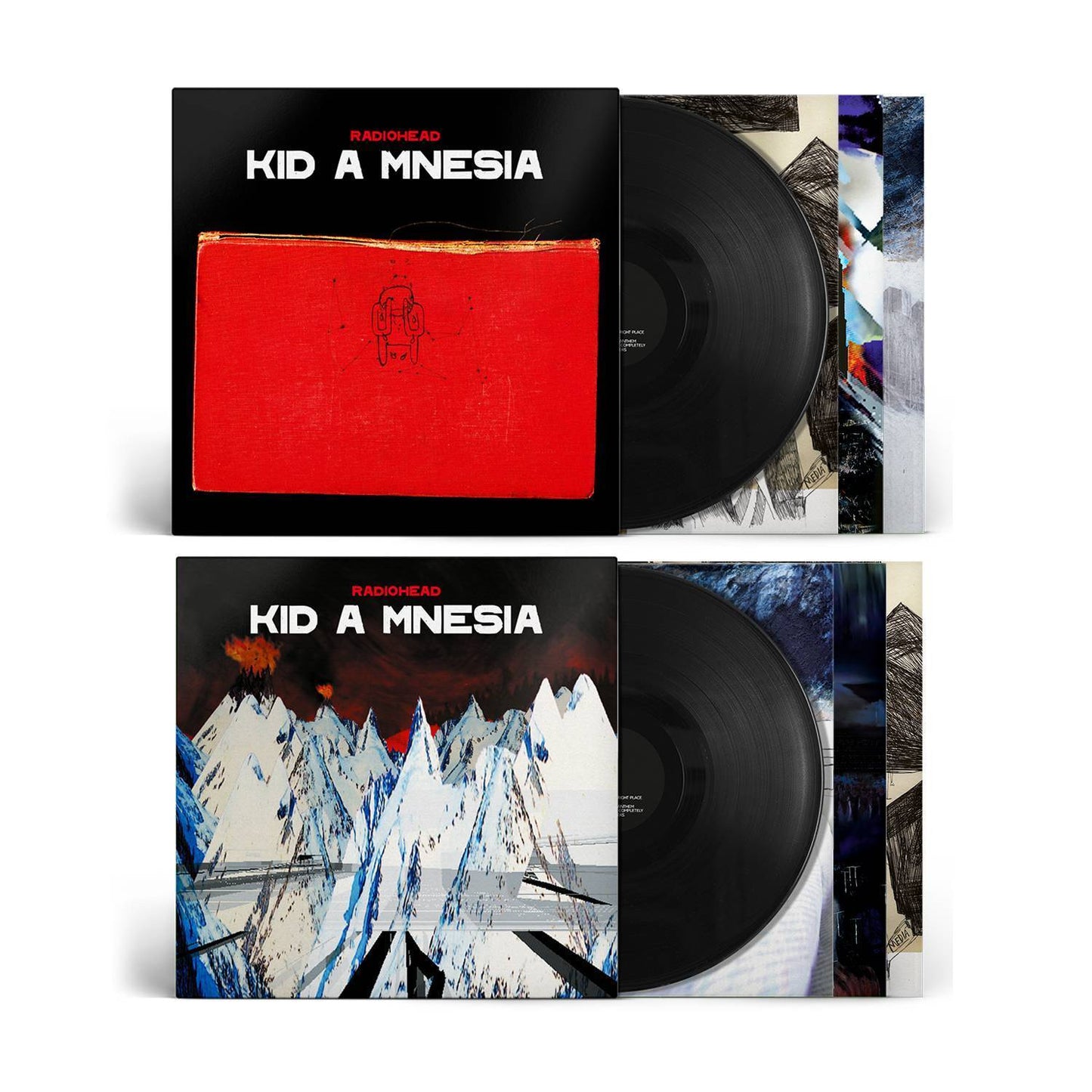 Two vinyl record albums by Radiohead titled ’Kid A Mnesia’ with different cover art designs.