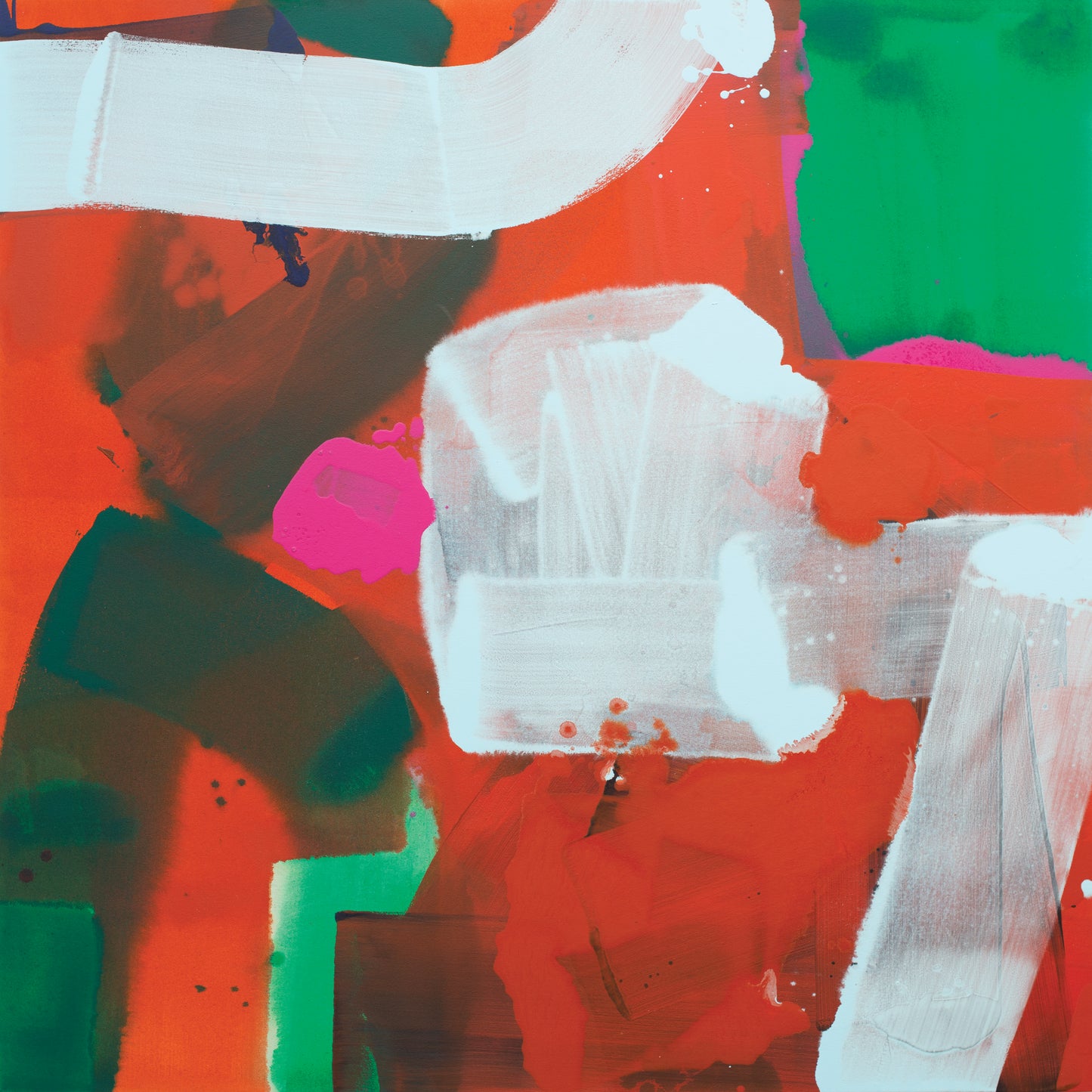 Abstract painting with bold, overlapping shapes in vibrant colors including red, white, green, and pink.