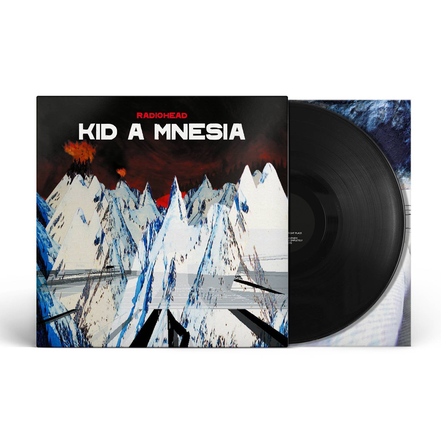 Vinyl record album of Radiohead’s ’Kid A Mnesia’ with stylized mountain artwork on the cover.
