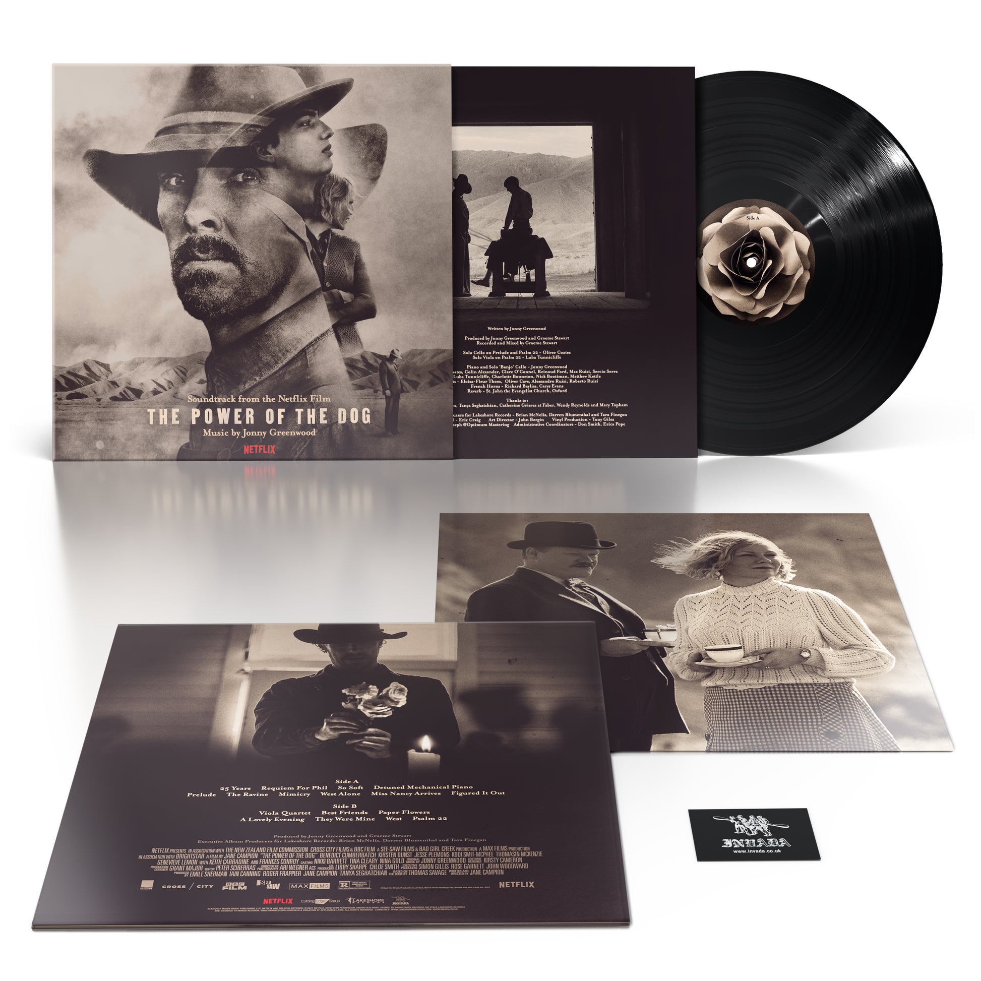 Vinyl record album set for ’The Power of the Dog’ film, including LP, cover art, and additional photographs.