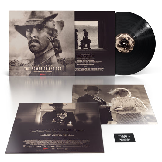 Vinyl record album set for ’The Power of the Dog’ film, including LP, cover art, and additional photographs.