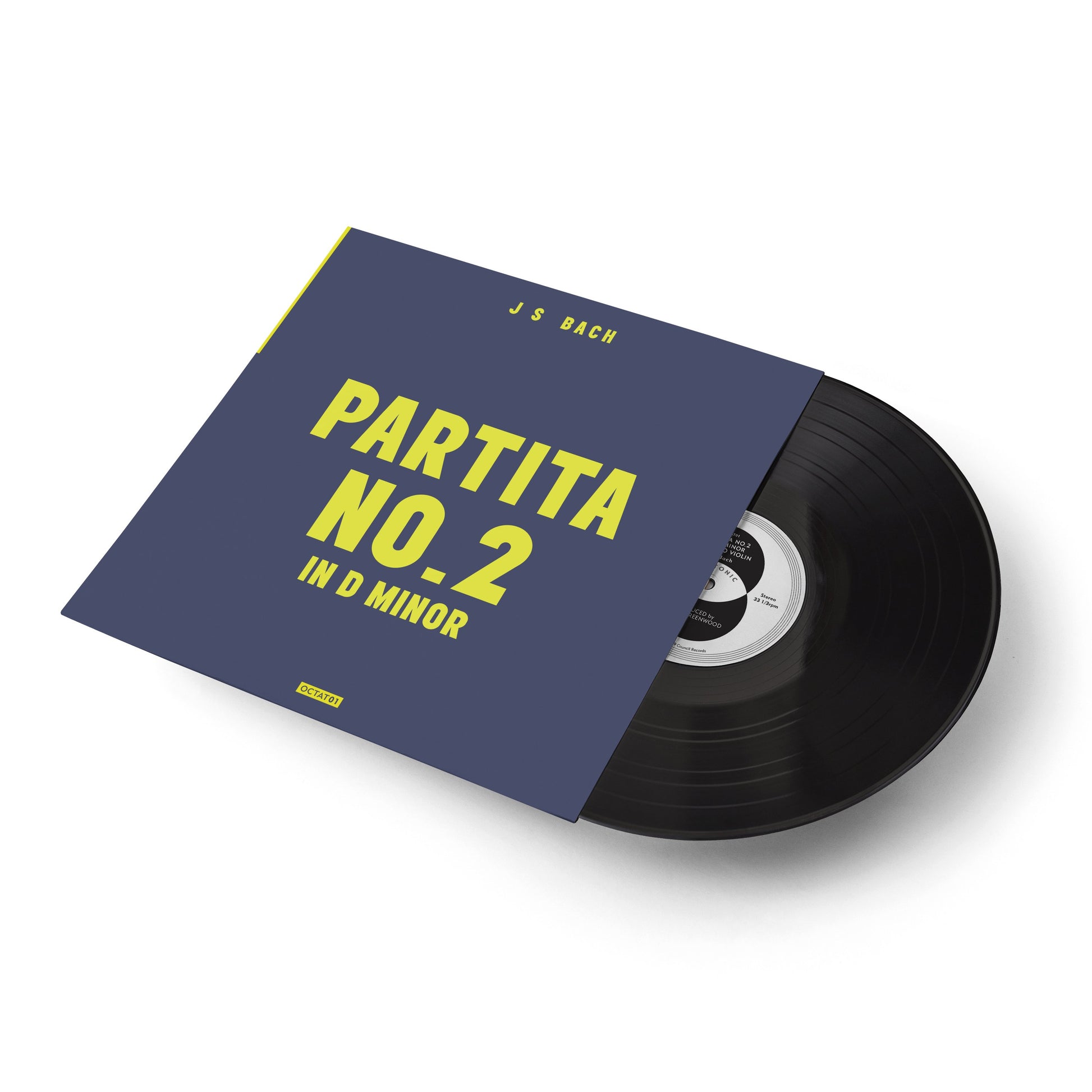 Vinyl record album with a navy blue cover titled ’Partita No. 2 in D minor’ by J.S. Bach.