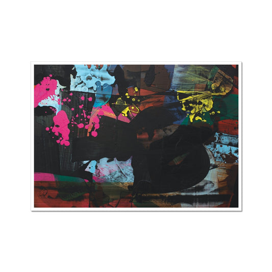 Abstract painting with vibrant splashes of color against a dark background.