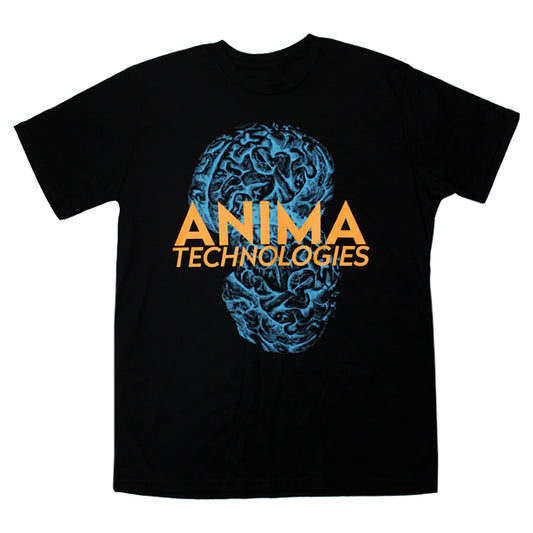 Black t-shirt with ’ANIMA TECHNOLOGIES’ logo and stylized blue brain graphic.