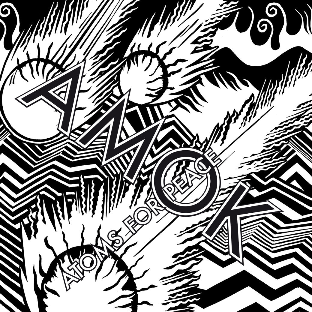 Stylized black and white graphic design featuring the word ’AMOK’ with abstract geometric patterns and shapes.
